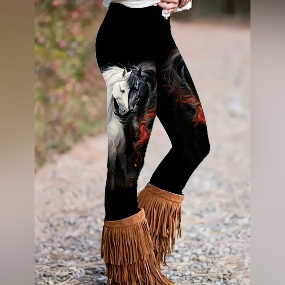 Black Leggings with White and Red Horse Print - Picture 3 of 4